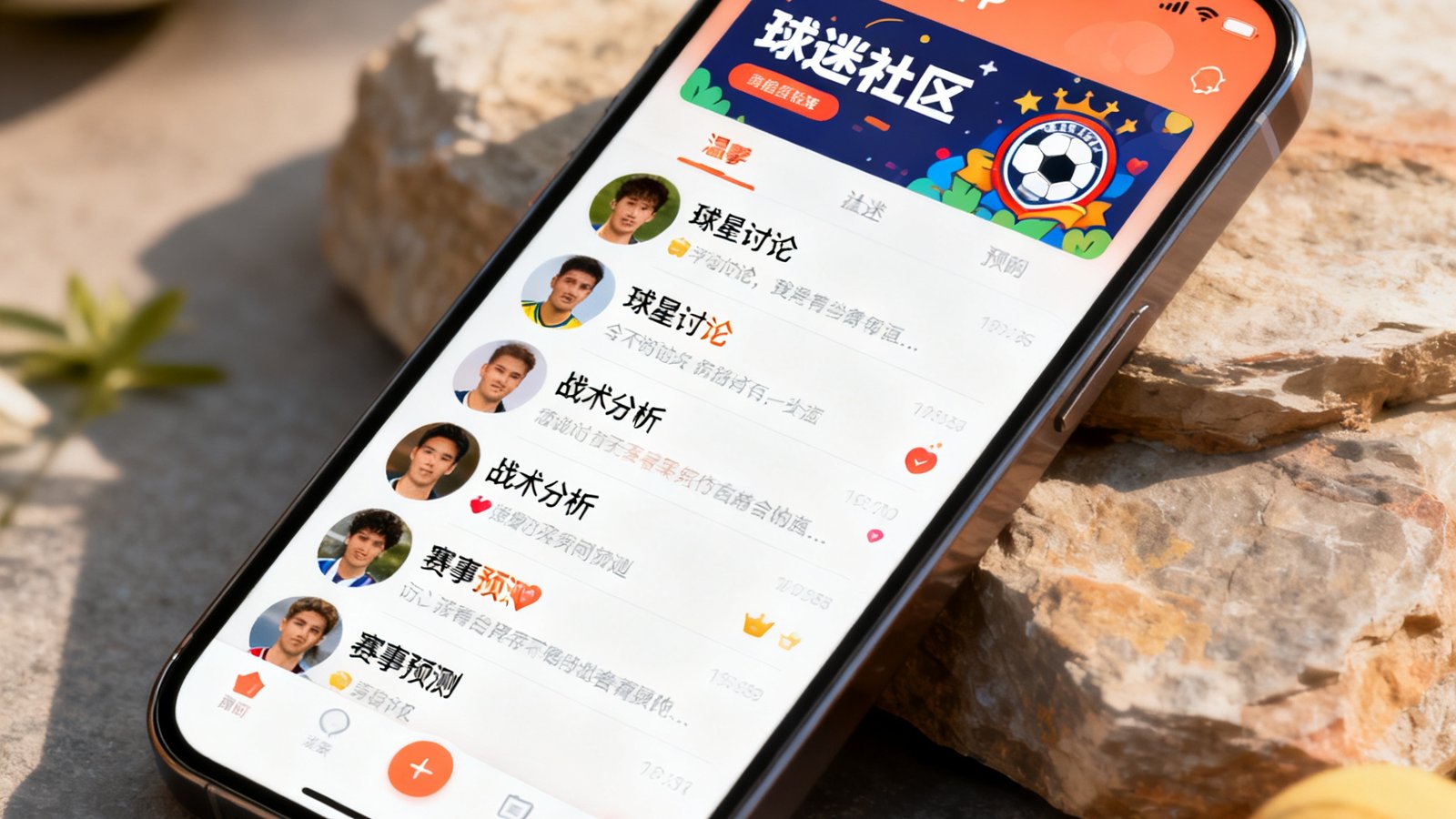 手机屏幕展示星空体育APP的球迷社区界面，多个用户头像和讨论帖排列其中，话题涵盖球星讨论、战术分析和赛事预测，界面设计温馨活泼带有社区氛围